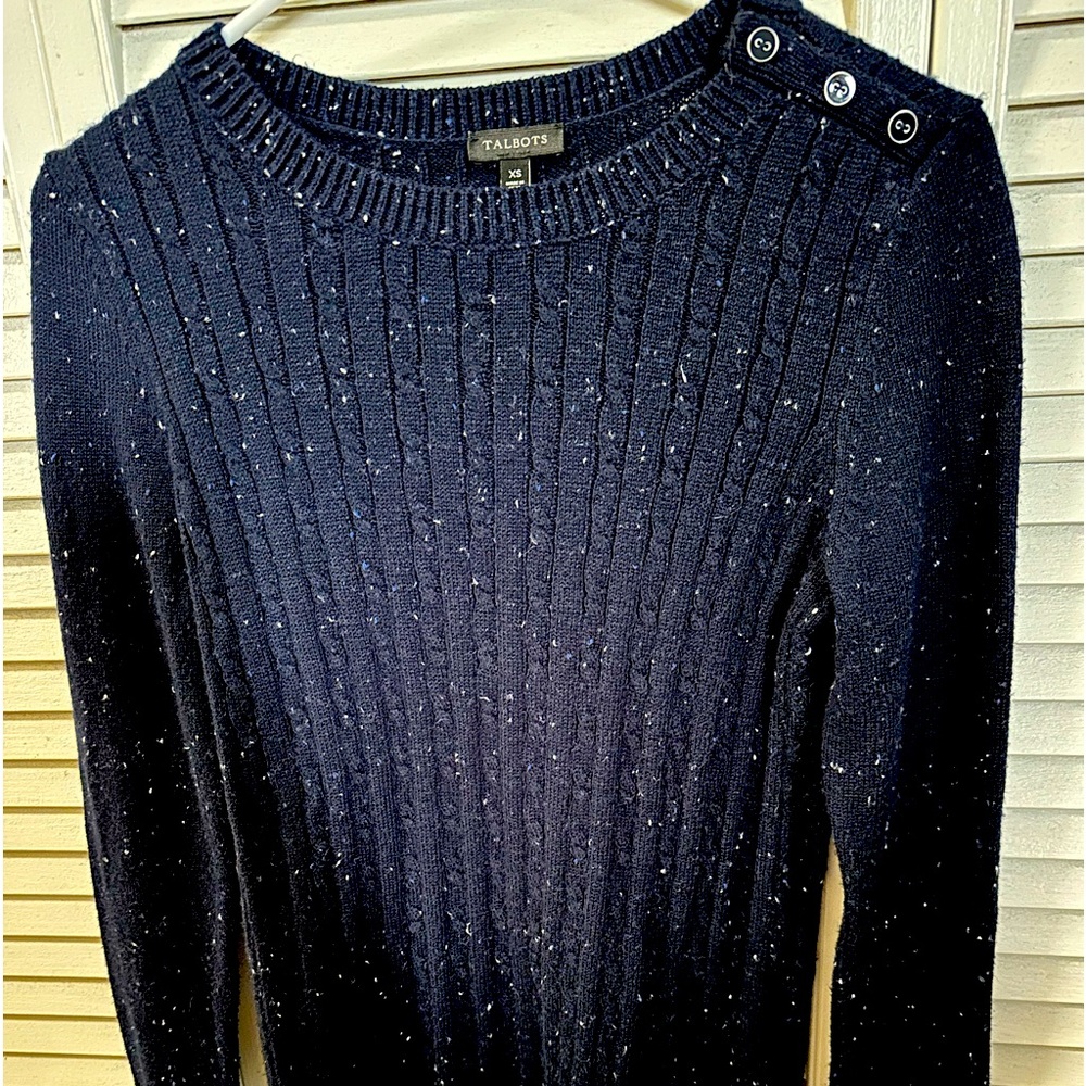 Talbots XS Ladies Sweater Navy with Blue and White Specs.